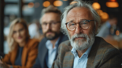 Portrait of an elderly bearded man in a business meeting. - obrazy, fototapety, plakaty