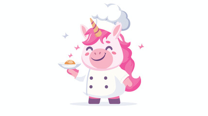 Pink unicorn chef with dish and hat smiling flat vector
