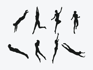 Vector set silhouette of Snorkeling, free diving. Swimming, extreme sport concept. Isolated background. Vector illustration.