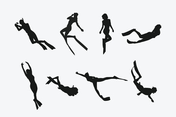 Vector set silhouette of Snorkeling, free diving. Swimming, extreme sport concept. Isolated background. Vector illustration.