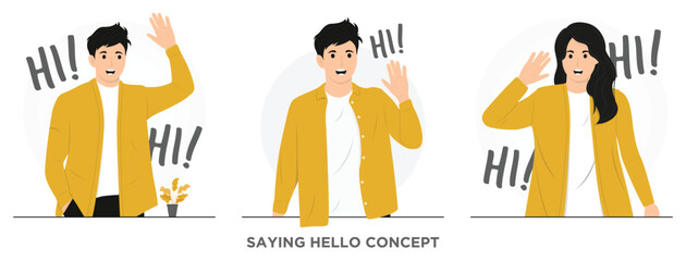 Flat Vector friendly smiling man waving hand saying hello hi hola concept illustration © donimon