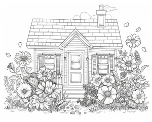 A simple coloring book page featuring a house surrounded by assorted flowers, designed for relaxation and creativity, with clear line drawings, 