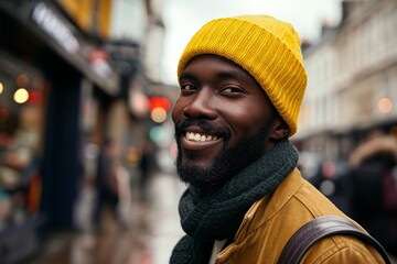 Close up portrait of a smiling african american man wearing yellow hat and scarf walking in the city.