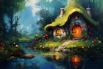 Fairytale forest gnome's house. Oil painting in impressionism style. - obrazy, fototapety, plakaty