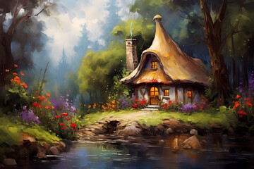 Fairytale forest gnome's house. Oil painting in impressionism style. - obrazy, fototapety, plakaty