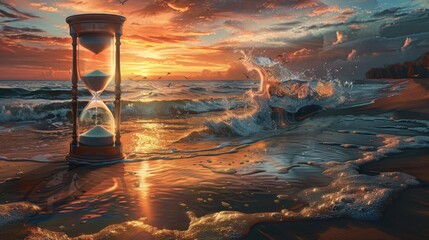 An hourglass stands alone on a quiet beach at sunset, with gentle waves. - obrazy, fototapety, plakaty