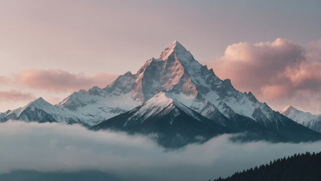 Mountain peaks in gentle, natural pastels. Minimalist wallpaper for social media. Cloudy skies above serene landscape. Calm and serene.