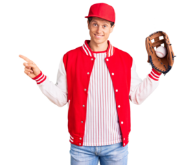 Young handsome man wearing baseball uniform holding golve and ball smiling happy pointing with hand and finger to the side