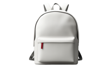 White backpack featuring a vibrant red stripe on the front