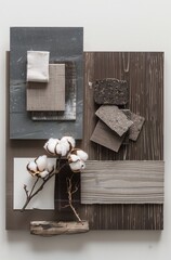 moodboard with color swatches in various shades of dark brown, grey and black for interior design. Creative flat lay composition with samples, panels and tiles. Stylish interior designer moodboard. .