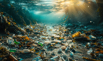 Underwater view of ocean pollution with plastic waste and discarded trash affecting marine life, highlighting the environmental issue of water contamination - obrazy, fototapety, plakaty