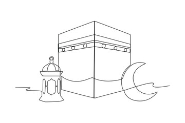 Ramadan Kareem greeting card, poster and banner design background. One continuous line drawing of Islamic ornament lantern lamp hanging on moon at cloudy sky. Single line draw vector illustration
