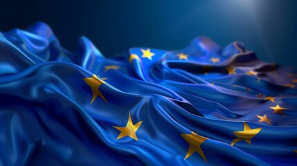 Waving flag of European Union. Circle of stars on a dark blue background.