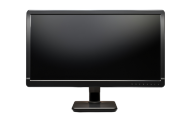 A sleek black computer monitor contrasts against a clean white background
