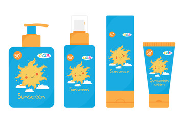 Sunscreen products for kids. Design with a cute sun. SPF 50 cream, spray, lotion, milk. Vector illustration