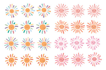 Collection of cute hand drawn smiling suns in different shapes and colors. For baby shower cards and invitations, nursery and kids room decoration, print. Vector illustration