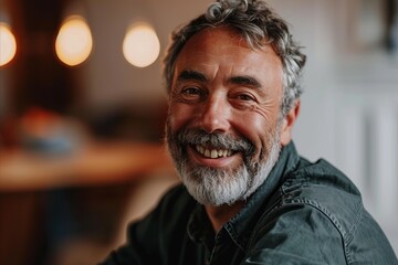 Portrait of a smiling senior man with grey hair and beard in a cafe.