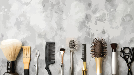 Professional hair dresser tools on grey textured background