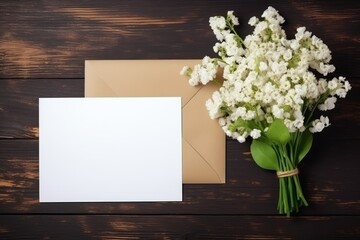 An elegant blank card and envelope mockup surrounded by fresh white flowers on a dark wooden background for event invitations. Invitation Mockup with White Flowers on Wood