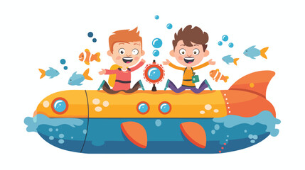 Kids in submarine underwater journey flat
