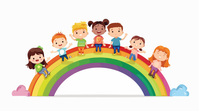 Happy kids sitting on rainbow flat vector isolated