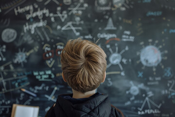 Smart boy looking at hand drawn mathematical problem on the blackboard. Generative AI
