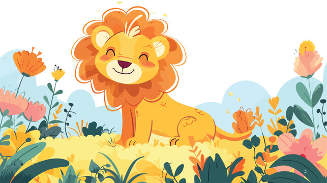 Lion in the field flat vector isolated 