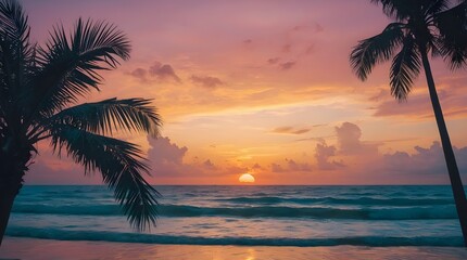Fototapeta na wymiar Tropical Serenity at Dusk - Palm Silhouettes Against Pastel Sunset - Peaceful Summer - Generative AI