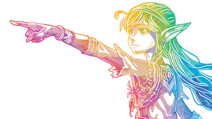 Rainbow gradient line drawing of a cartoon elf girl p