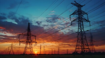 Electric Power Lines at Sunset - Energy Infrastructure - Vibrant Sky - Technological Grid - Generative AI - obrazy, fototapety, plakaty