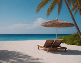 Obraz premium On the sand lounger under an umbrella , against the the azure blue sea, surrounded by palm trees