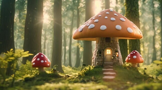 Mushroom house animation in the middle of a fairy tale forest
