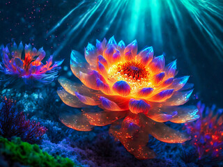 Fototapeta na wymiar Vibrant glowing fractal flower on underwater coral reef. Generative ai