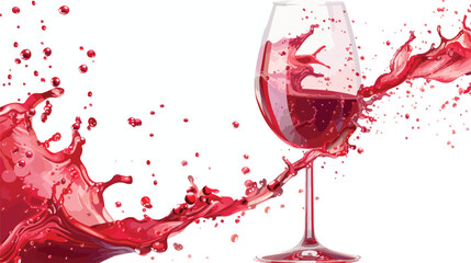Red wine splashing in glass on white background flat