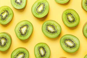 Fototapeta premium Pattern of ripe kiwi slices on yellow background