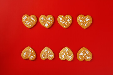 beautiful hand-baked cookies in the shape of a heart on a red background