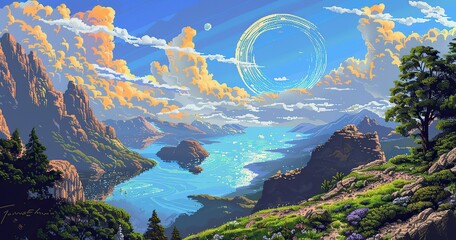 16 bit pixel art ,Landscape from a foreign moon, lush nature, large lakes with blue water, view of a gas giant with a ring in the sky, sunny day at noon - obrazy, fototapety, plakaty