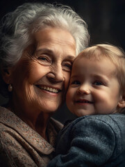 Smiling grandmother holding a child in her arms