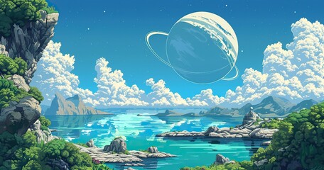 16 bit pixel art ,Landscape from a foreign moon, lush nature, large lakes with blue water, view of a gas giant with a ring in the sky, sunny day at noon - obrazy, fototapety, plakaty
