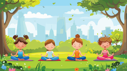 Kids doing yoga in green city park flat vector