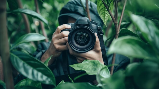 A photographer with a camera in his hands takes pictures among the dense forest and leaves