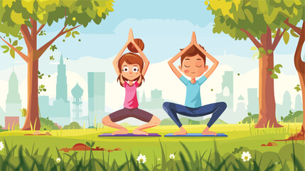 Obraz na płótnie Canvas Kids doing yoga in green city park flat vector