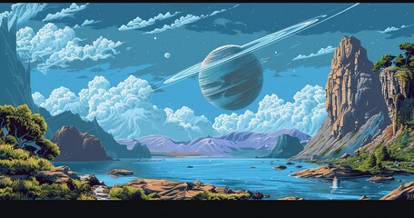 16 bit pixel art ,Landscape from a foreign moon, lush nature, large lakes with blue water, view of a gas giant with a ring in the sky, sunny day at noon