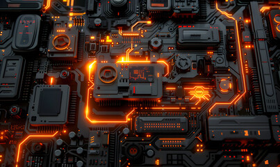 Fototapeta premium Intricate electronic circuit board with glowing elements, Generative AI