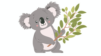 Koala holding a branch of eucalyptus tree flat