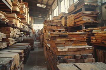 Stacks of wooden planks at the sawmill. A warehouse for storing boards at a sawmill . Lumber in stock - obrazy, fototapety, plakaty