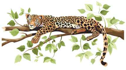 Leopard lying on a tree branch flat vector isolated - obrazy, fototapety, plakaty