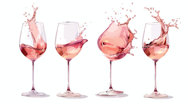 Rose wine splashing in glass on white background