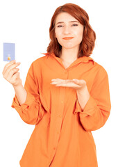 Sad woman holding credit bank card, portrait of young caucasian red bob hair sad woman holding...