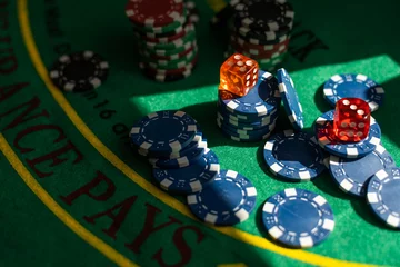 Foto op Plexiglas Blur background and chips, Stack of poker chips on a green table. Poker game theme © Angelov
